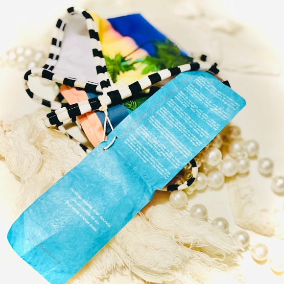 SALINAS | S | High Neck Palm Coral Sunset Bikini Black White Striped Sport Top - Picture 10 of 16